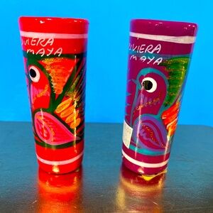 MEXICAN TRADITIONAL SHOT GLASSES  (2) RIVIERA MAYA GLOSSY HAND PAINTED BIRDS NWT
